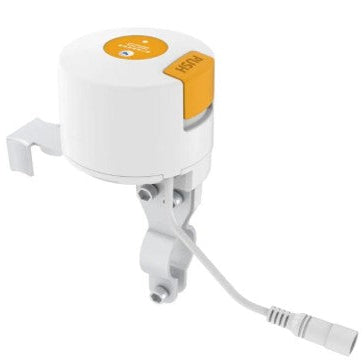 White and orange smart water leakage device with a cable on a white background
