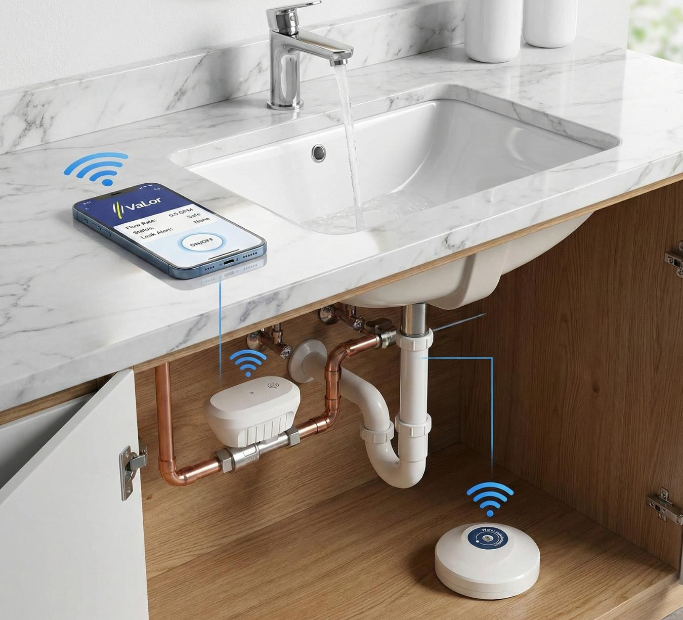 Smart home device under a bathroom sink with smartphone app interface